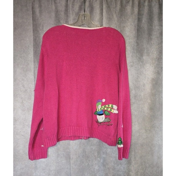 Tiara International Christmas Collection VTG Pink Snowman Sweater Cardigan - Picture 4 of 10